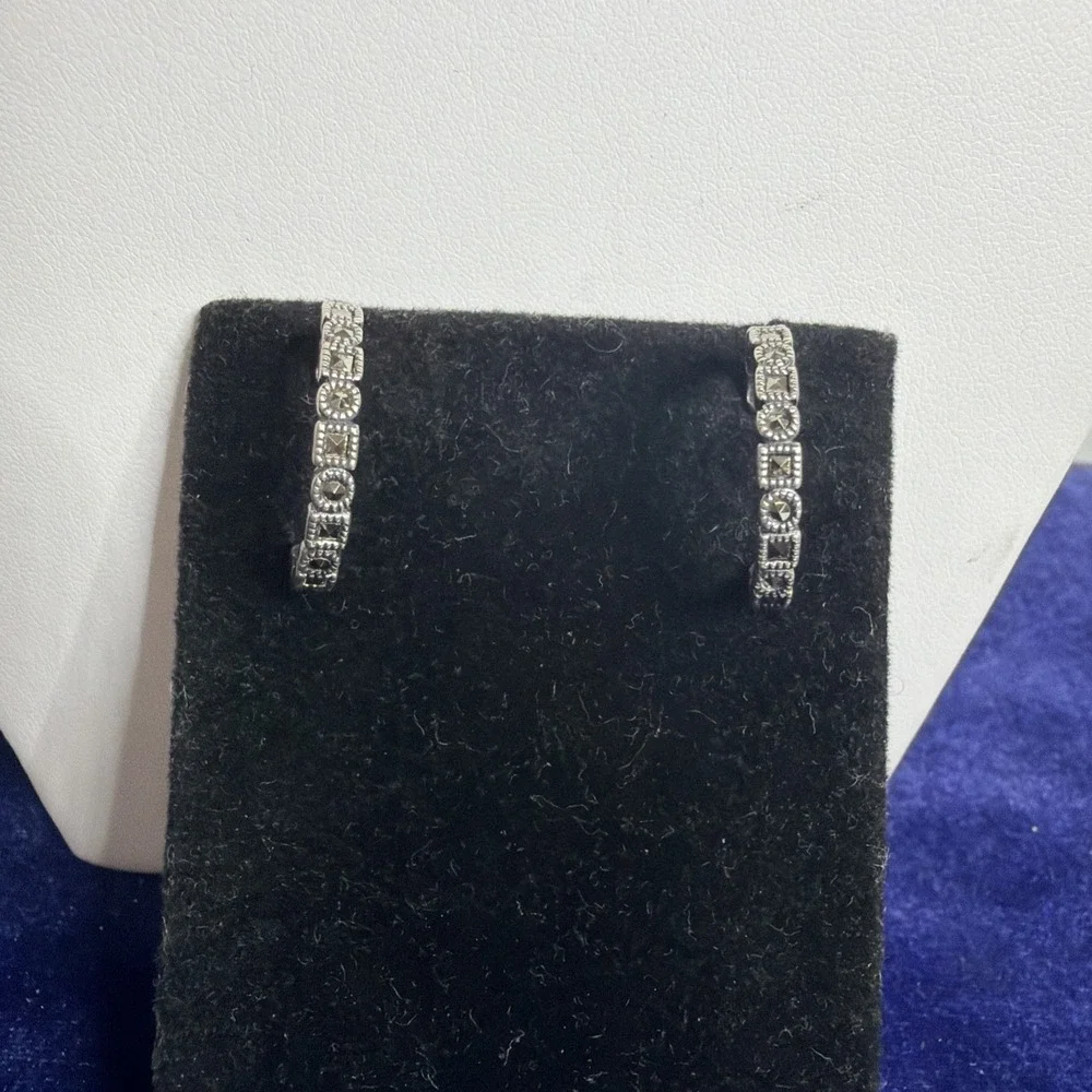 Vintage Sterling Silver 925 Marcasite Hoop Earrings Jewelry 4.5g